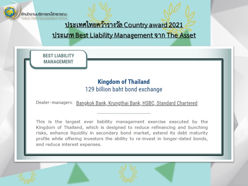 ไทยคว้ารางวัล Country Award 2021 ประเภท Best Liability Management จาก The Asset