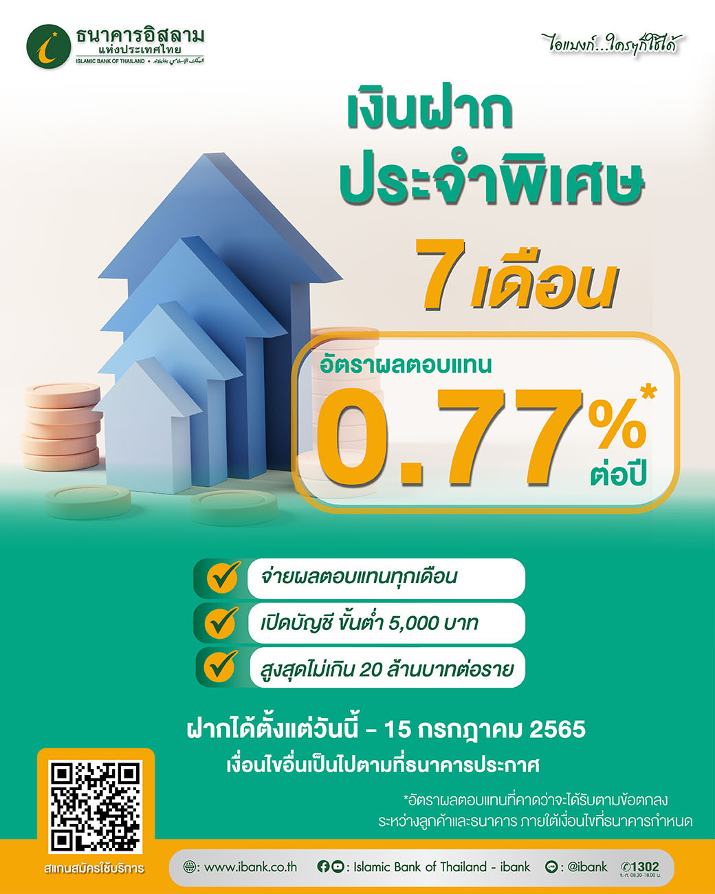 ไอแบงก์ ออกเงินฝากระยะสั้น 7 เดือน ผลตอบแทนร้อยละ 0.77 ต่อปี