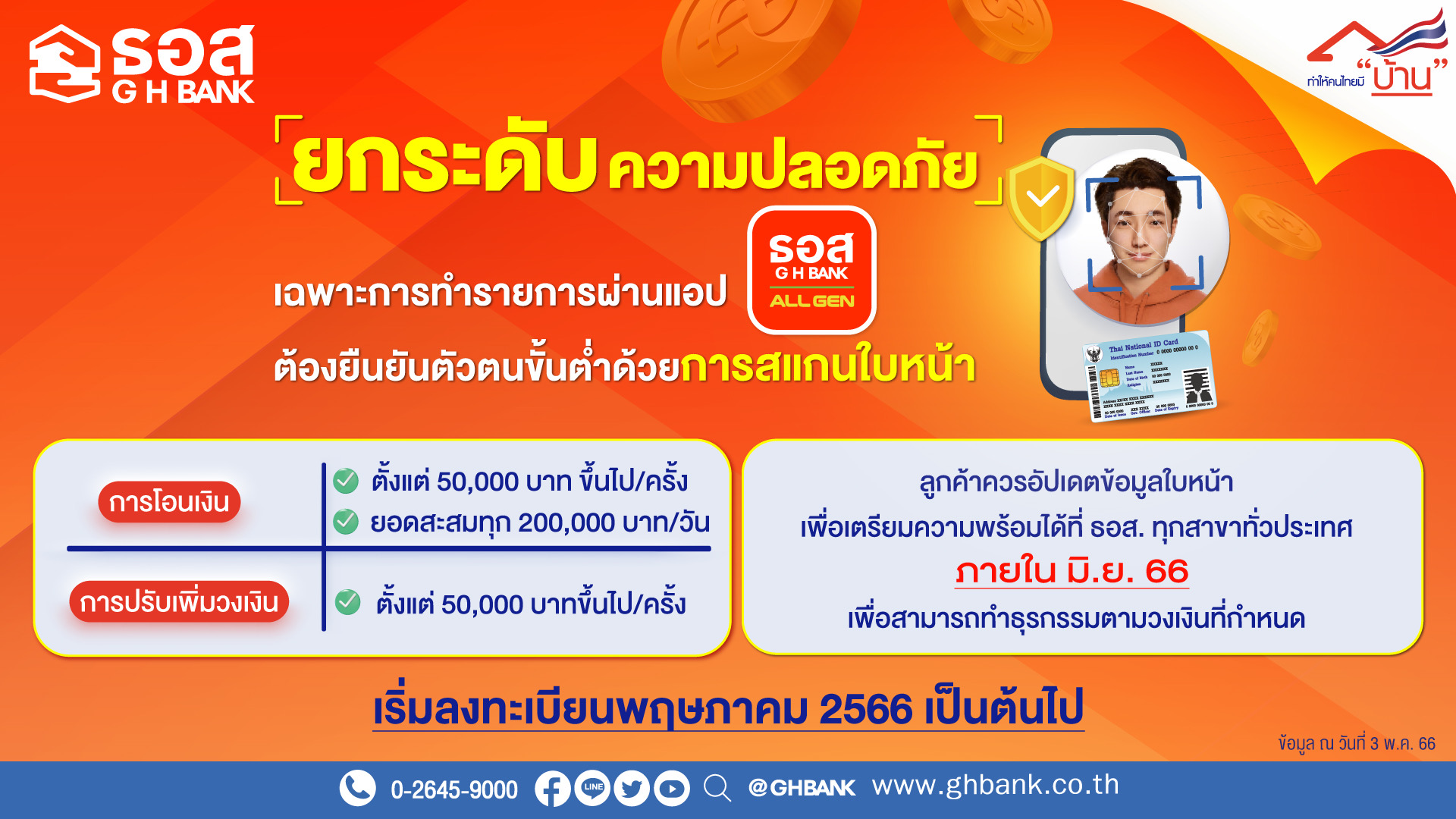 ธอส. พร้อมให้ยืนยันตัวตนด้วยใบหน้าก่อนโอนเงินผ่าน Application : GHB ALL GEN