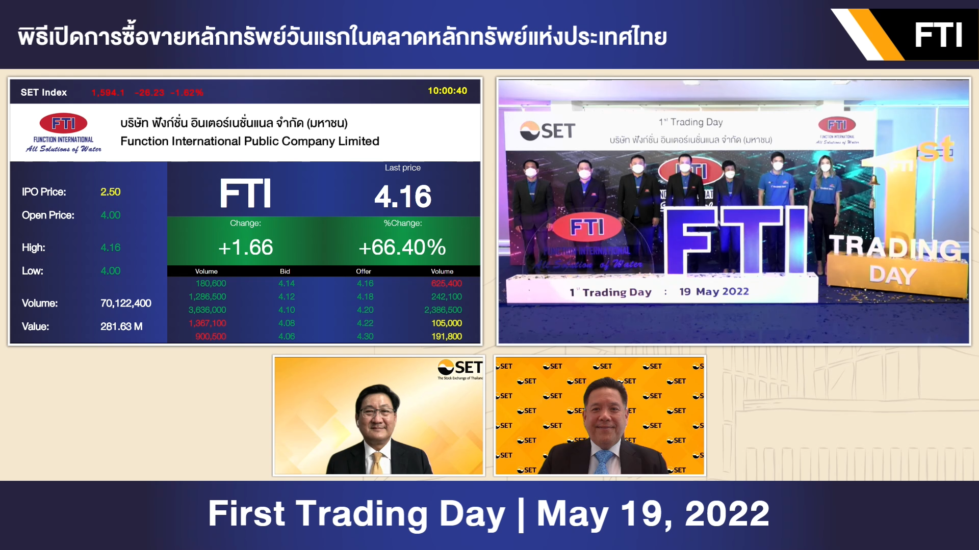 “FTI” เริ่มซื้อขายในตลาดหลักทรัพย์ฯ วันแรก