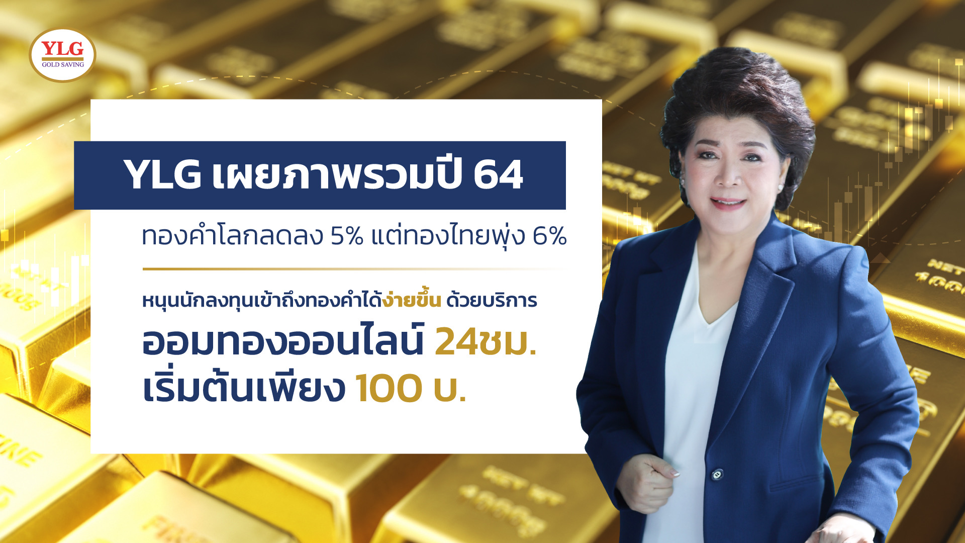 YLG เผยภาพรวมปี 64 ทองคำโลกลดลง 5% แต่ทองไทยพุ่ง 6%  หนุนนักลงทุนเข้าถึงทองคำได้ง่ายขึ้น   ด้วยบริการออมทองออนไลน์24ชม. เริ่มต้นเพียง100บ.