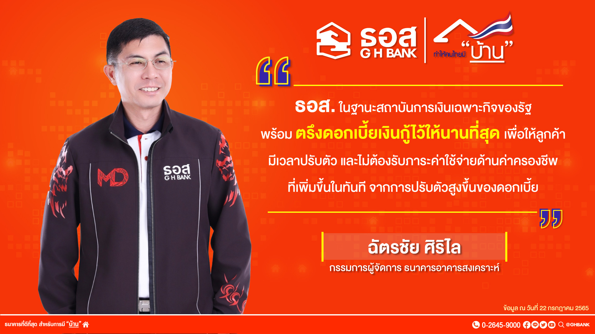 ธอส.โชว์ผลงาน ปล่อยสินเชื่อใหม่ครึ่งแรกปี 65 ทะลุ 1.35 แสนล้านบาท พร้อมตรึงดอกเบี้ยเงินกู้ให้นานสุด