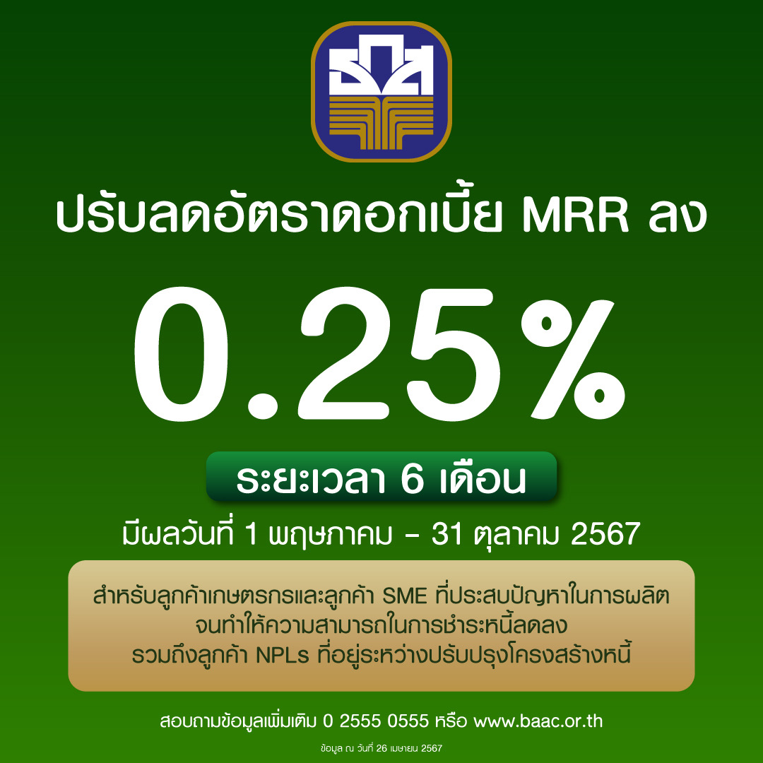 ธ.ก.ส. ลดดอกเบี้ยเงินกู้ MRR  0.25% หนุนกลุ่มเปราะบาง
