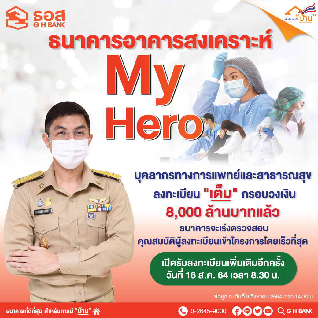 ธอส. My Hero :บุคลากรทางการแพทย์และสาธารณสุข เปิดลงทะเบียนวันแรก เต็มแล้ว 8,000 ล้านบาท