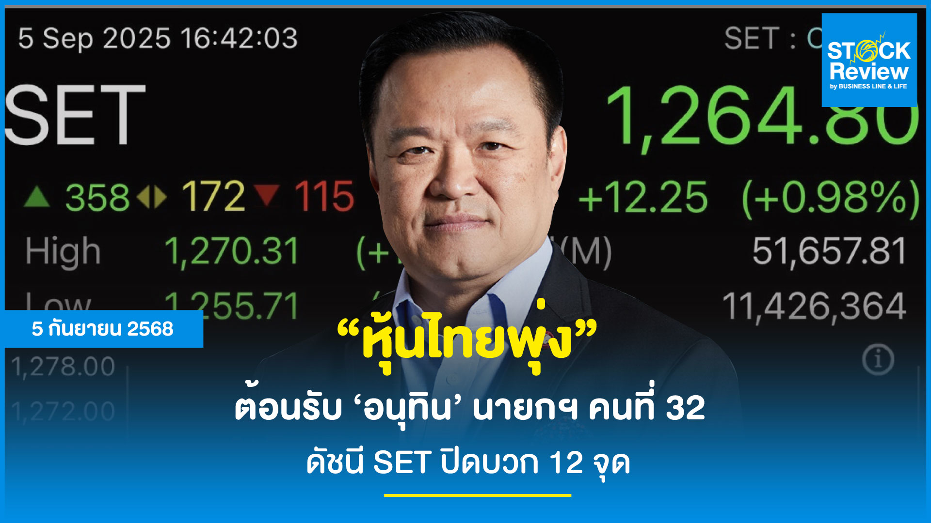 หุ้นไทยพุ่ง 12จุด รับ อนุทิน นายกฯ คนที่ 32