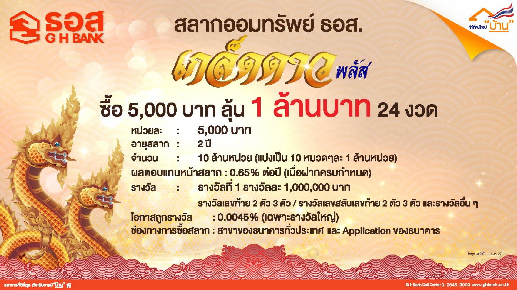 ออมเริ่มต้นแค่ 5 พันบาท ลุ้นเงินล้านทุกงวด สลากออมทรัพย์ ธอส. ชุดเกล็ดดาว Plus