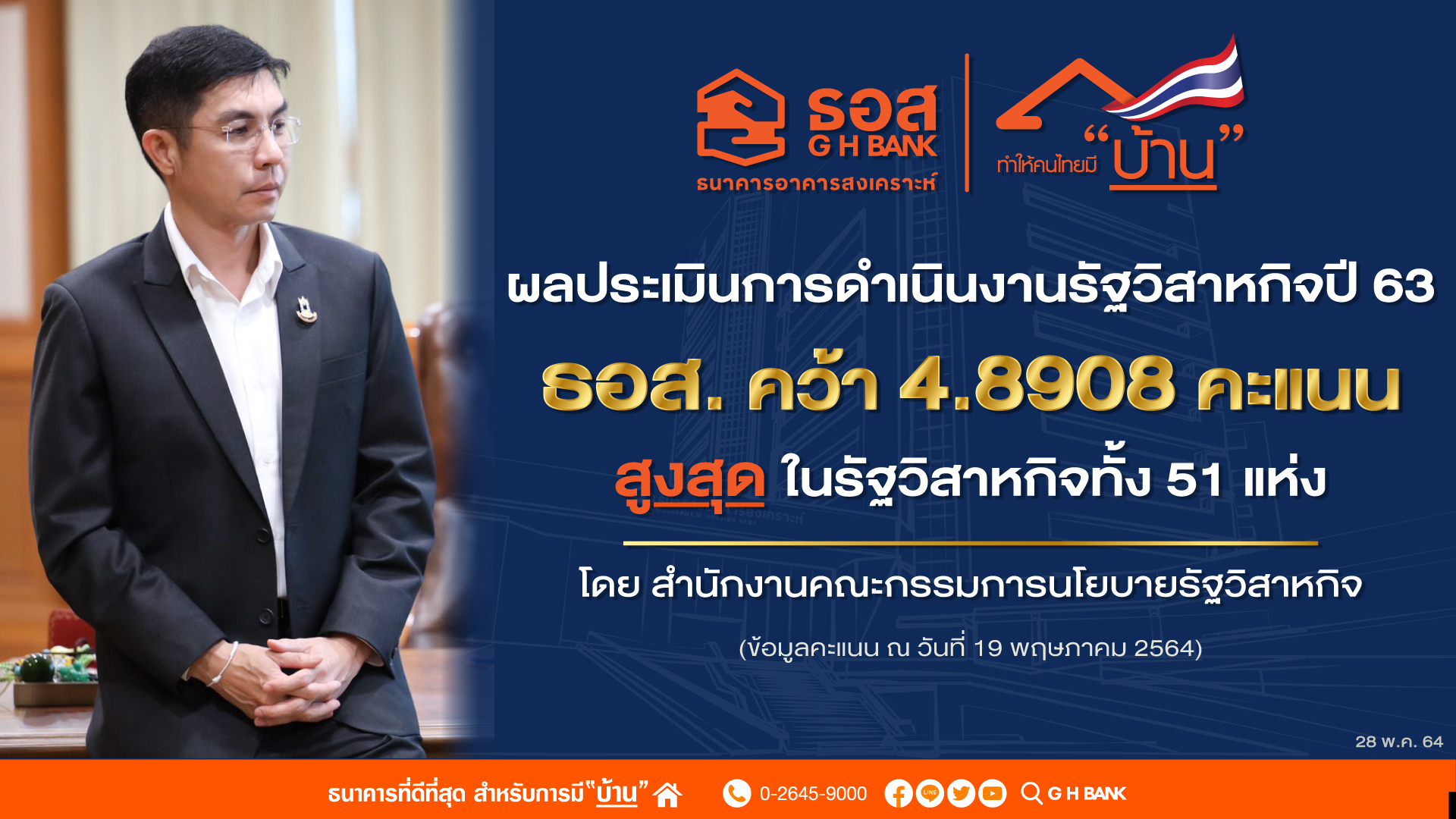 ธอส. คว้า 4.8908 คะแนน ผลประเมินการดำเนินงานรัฐวิสาหกิจปี 63  สูงสุดในรัฐวิสาหกิจทั้ง 51 แห่ง