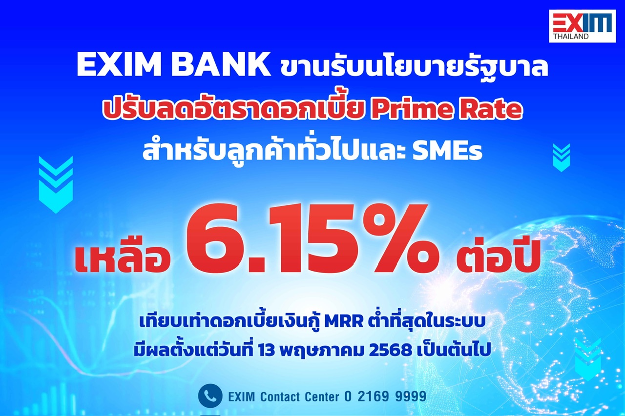 EXIM BANK ลดดอกเบี้ย Prime Rate เหลือ 6.15% ต่อปี