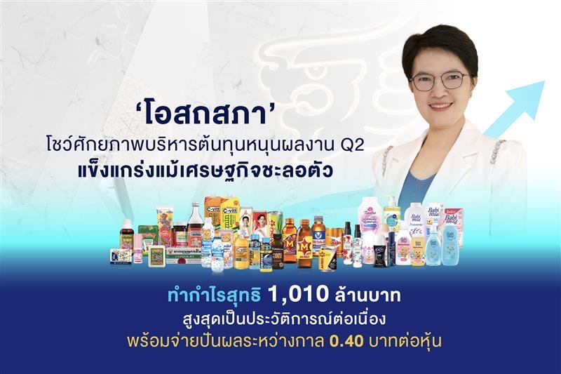 โอสถสภา’ โชว์ศักยภาพบริหารต้นทุนหนุนผลงานไตรมาส 2 แข็งแกร่ง ทำกำไรสุทธิ 1,010 ล้านบาท สูงสุดเป็นประวัติการณ์