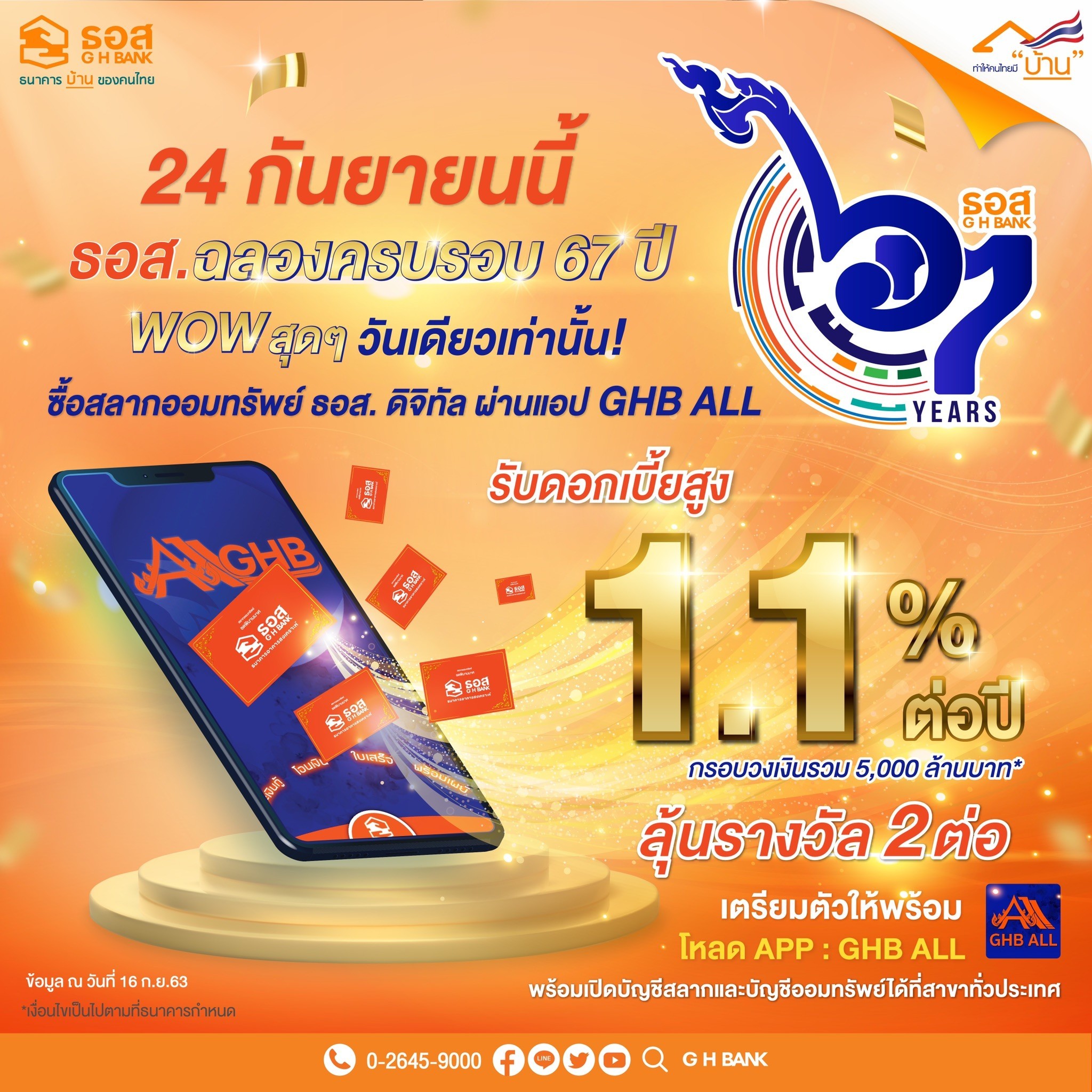 ธอส.ฉลองครบรอบ 67 ปี เปิดรับฝากสลากพิมานมาศ ดอกเบี้ยสูงพิเศษ1.1% ต่อปี