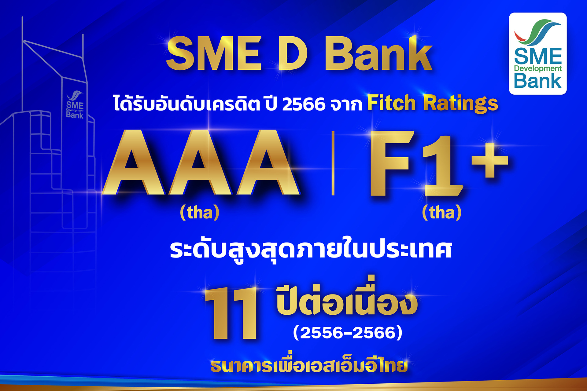 SME D Bank รับจัดอันดับ ‘ฟิทช์ เรทติ้งส์” ระดับ AAA(tha) สูงสุดในประเทศต่อเนื่อง 11 ปี