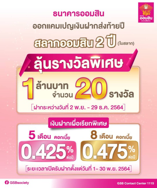 ออมสิน ใจป้ำ จัดรางวัลพิเศษ 1 ล้านบาท 20 รางวัล ให้ผู้ฝากสลากออมสินช่วงส่งท้ายปี พร้อมออกเงินฝากเผื่อเรียกพิเศษ ดอกเบี้ยสูง และไม่หักภาษี