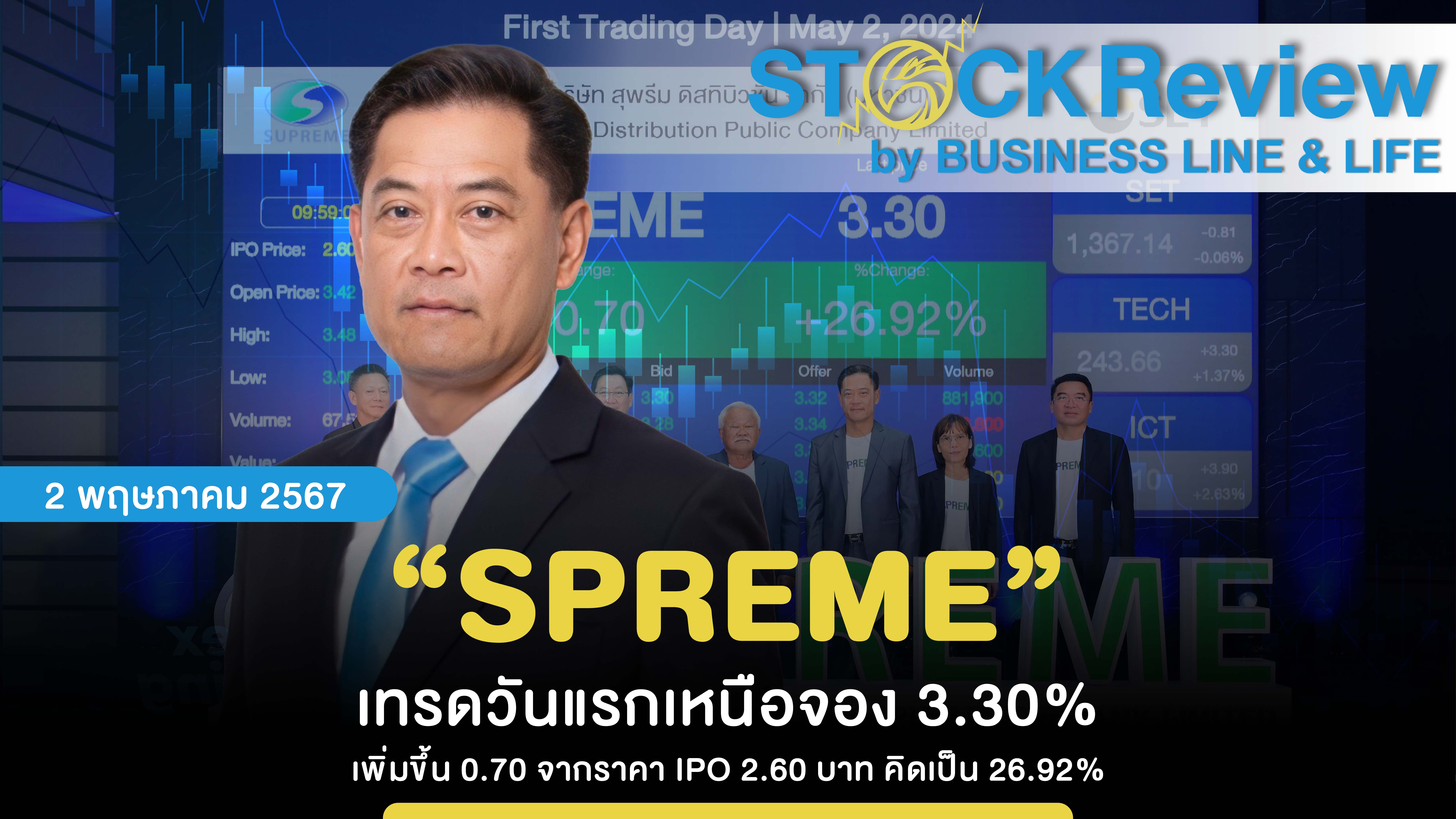 “SPREME” เทรดวันแรกเหนือจอง 3.30% เพิ่มขึ้น 0.70 จากราคา IPO 3.42 บาท คิดเป็น 26.92%