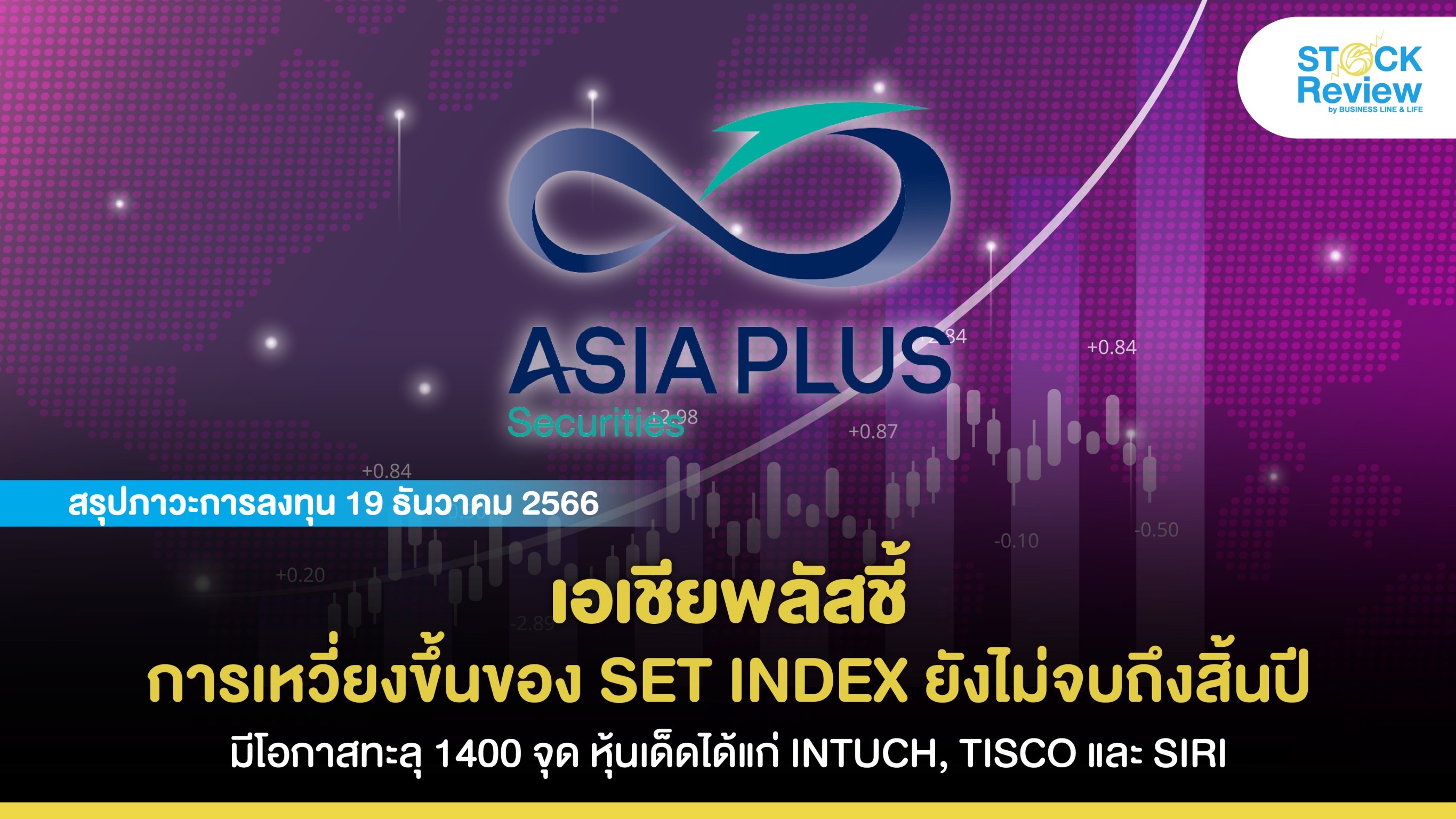 เอเชียพลัสชี้การเหวี่ยงขึ้นของ SET INDEX ยังไม่จบถึงสิ้นปี มีโอกาสทะลุ 1400 จุด หุ้นเด็ดได้แก่ INTUCH, TISCO และ SIRI