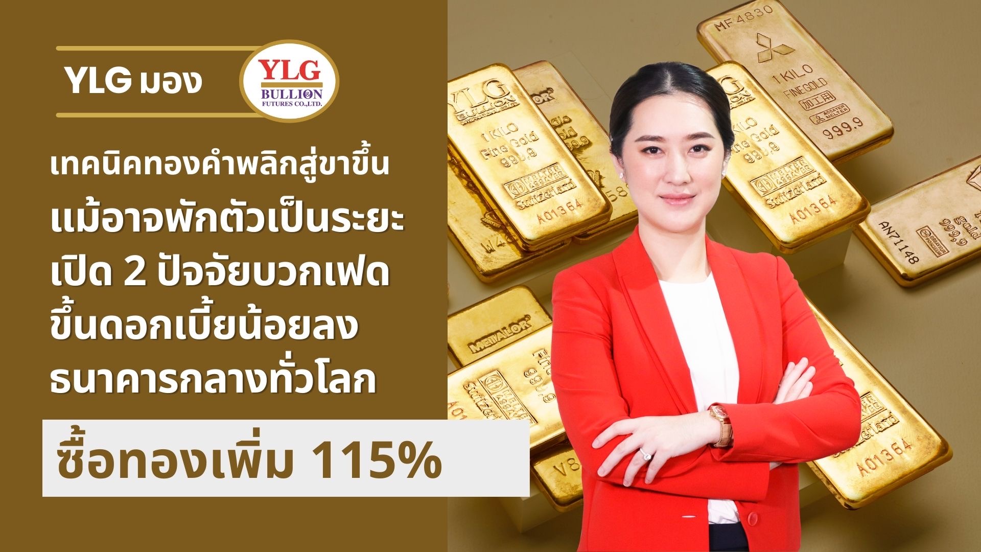 YLG มองเทคนิคทองคำพลิกสู่ขาขึ้น แม้อาจพักตัวเป็นระยะ  เปิด2ปัจจัยบวกเฟดขึ้นดอกเบี้ยน้อยลง