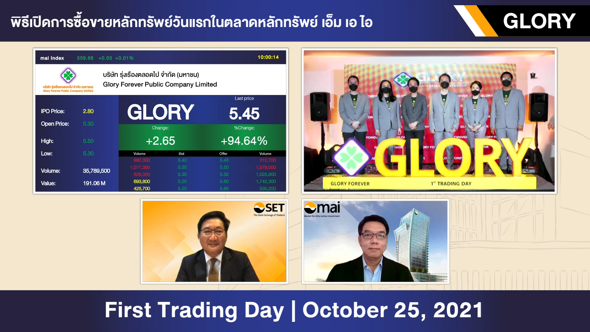 “GLORY”เริ่มซื้อขายในตลาดหลักทรัพย์ เอ็ม เอ ไอ วันแรก