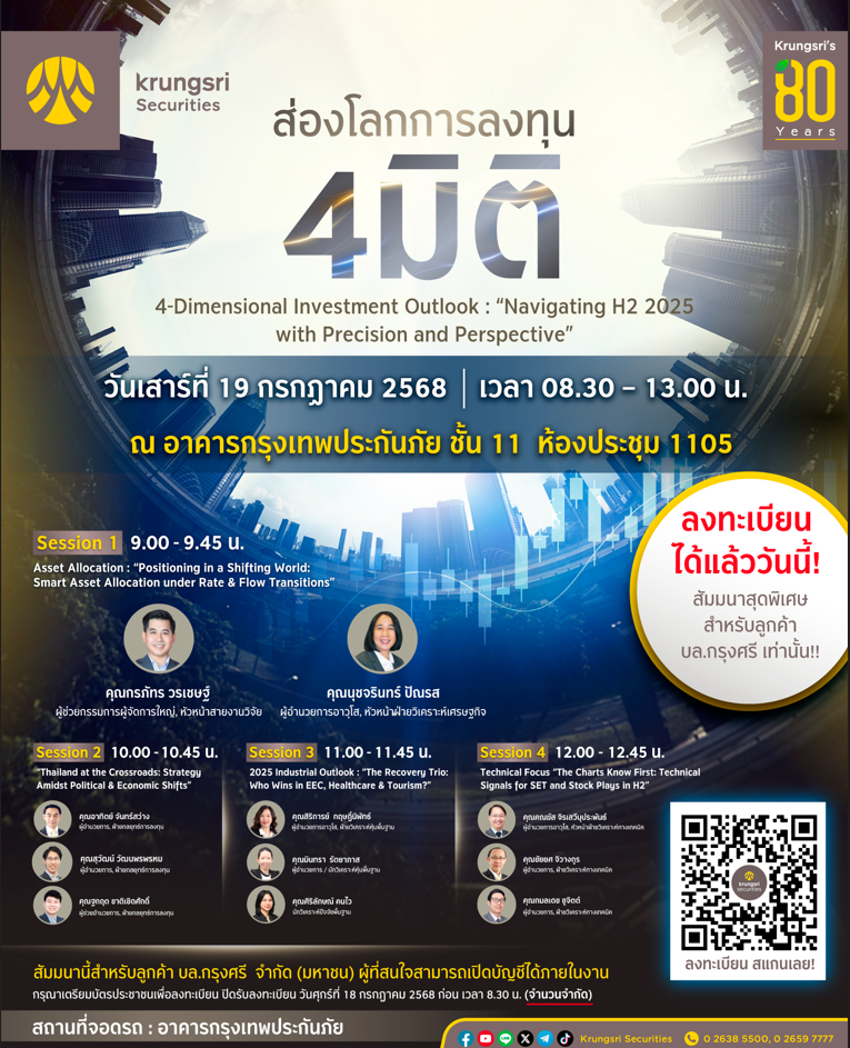 บมจ.หลักทรัพย์กรุงศรี ขอเชิญร่วมสัมมนา ส่องโลกลงทุน 4 มิติ : “เปิดพอร์ตครึ่งปีหลัง 2568 สู่โอกาสใหม่ในโลกที่เปลี่ยน”