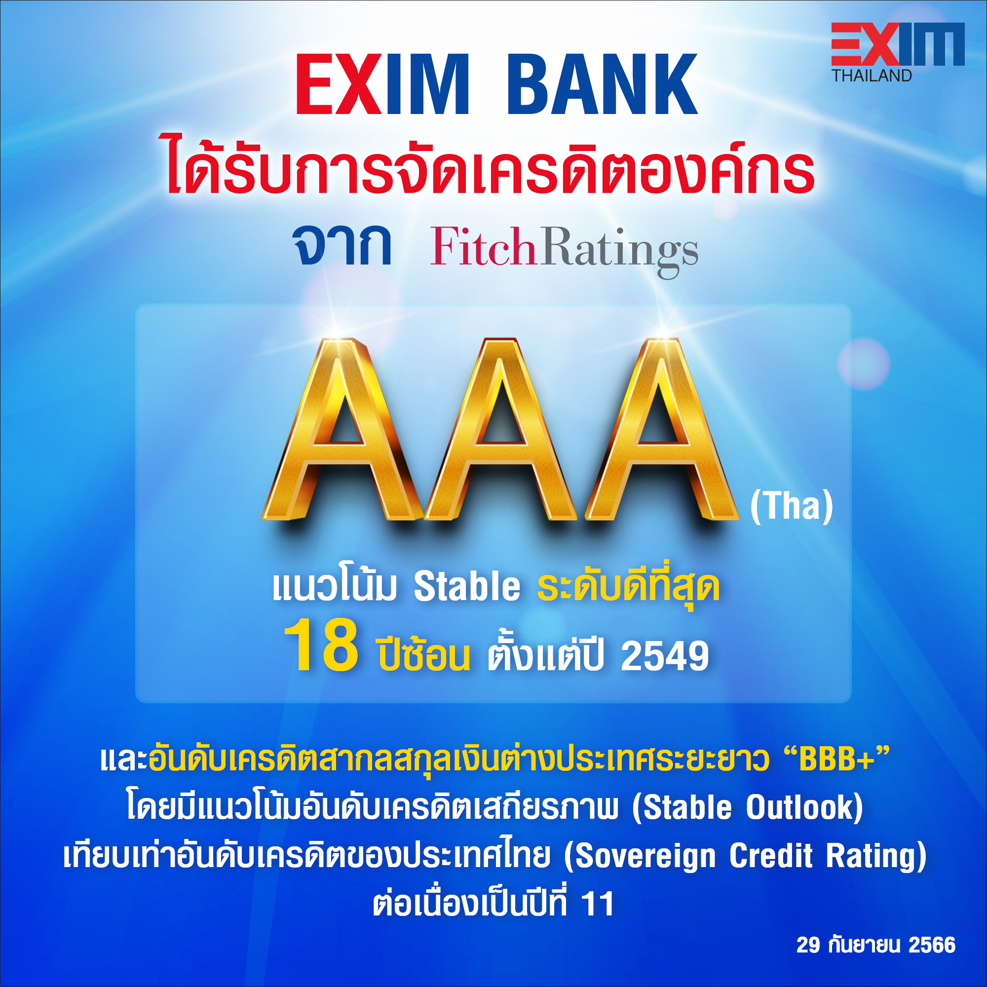EXIM BANK โชว์สถานะการเงินแข็งแกร่งอันดับเครดิต AAA (tha) ต่อเนื่องปีที่ 18