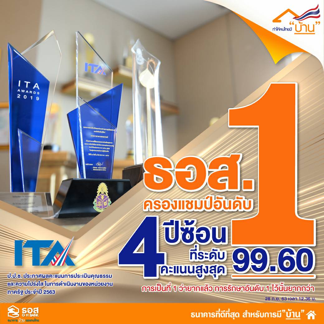 สูงสุด 4 ปีซ้อน ธอส. คว้า ITA อันดับ 1 ด้วยผลประเมิน 99.60 คะแนน