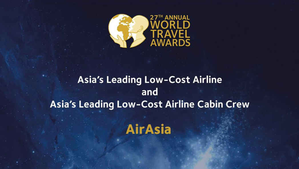 แอร์เอเชียคว้างรางวัลชนะเลิศสายการบินราคาประหยัดที่ดีที่สุดในโลกติดต่อกัน 8 ปีซ้อน และรางวัลชนะเลิศพนักงานต้อนรับบนเครื่องบินสายการบินราคาประหยัดในงาน World Travel Awards 2020