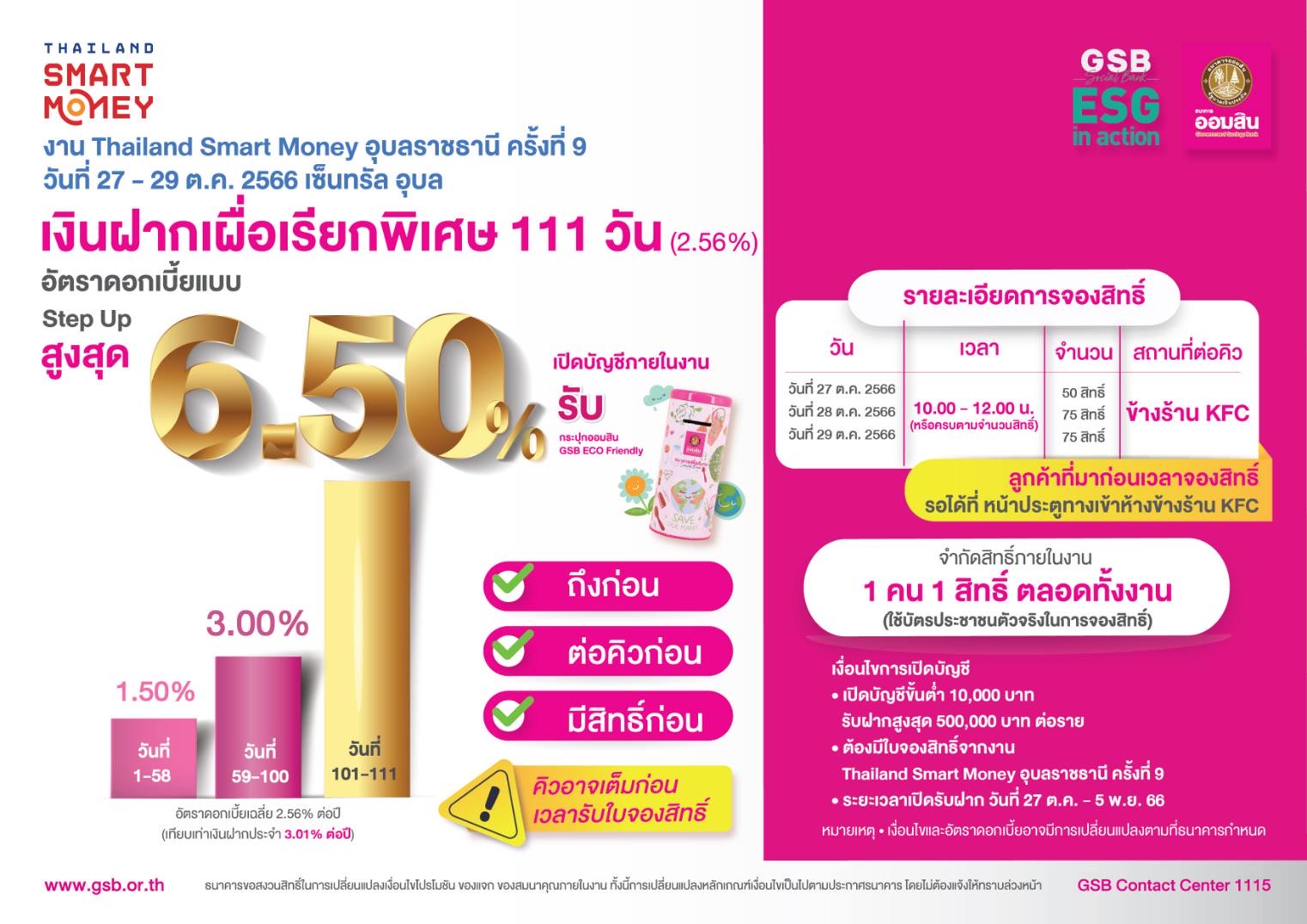 ออมสิน ชูโปรเด็ดเงินฝากดอกเบี้ยสูงสุด 6.50% ต่อปี งาน Thailand Smart Money อุบลฯ